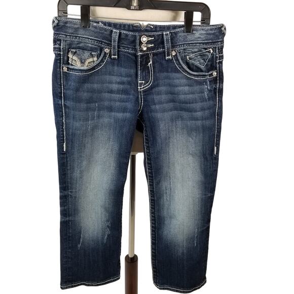 Vigoss New York Blue Denim Jeans Capri Bling Flap Pockets Mid Rise Nice Size 7 8 - Picture 1 of 5